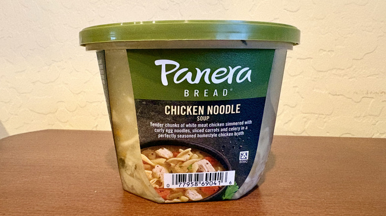 A tub of Panera Bread Chicken Noodle Soup