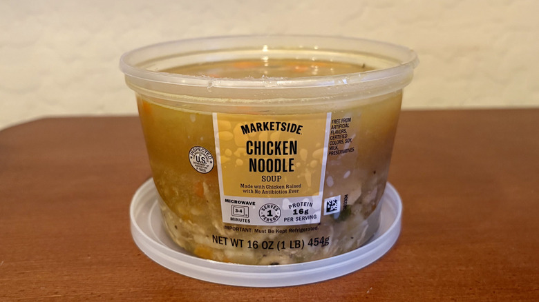 A prepared container of Marketside Chicken Noodle Soup