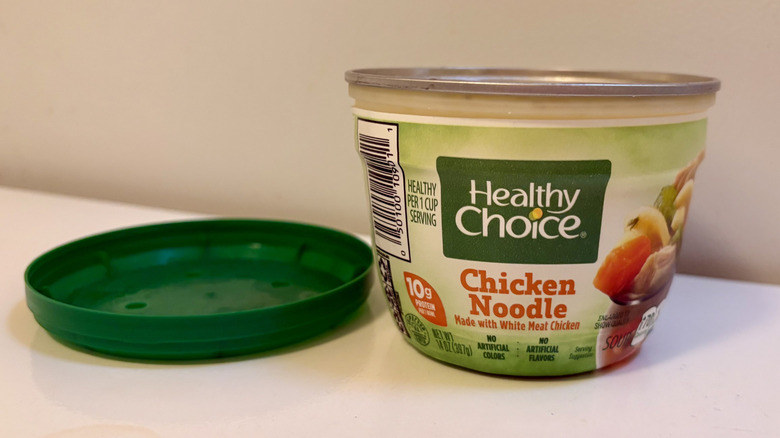 A prepared container of Healthy Choice Chicken Noodle Soup