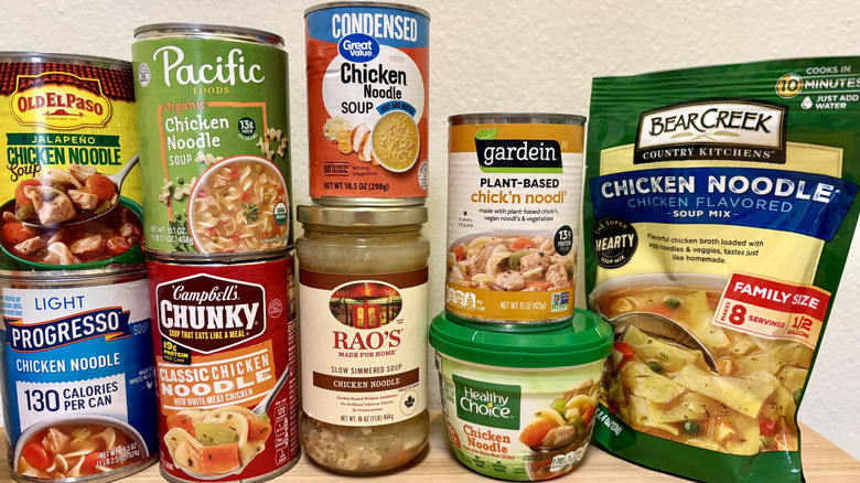 A group of chicken noodle soups stacked on top of each other