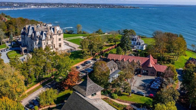 Aerial shot of the Salve Regina campus and the bay beyond