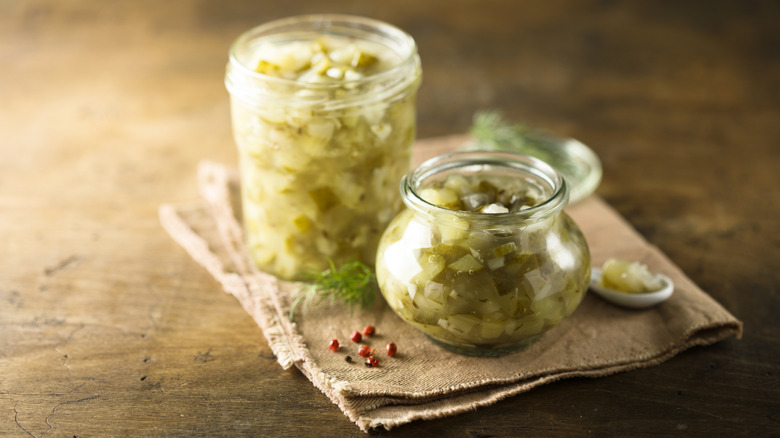 Glass jars of homemade pickle relish