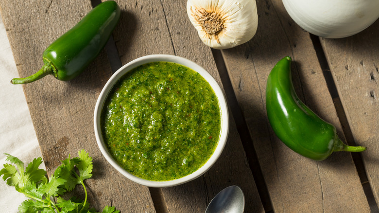 Zhug sauce with jalapeños, garlic, white onion, and cilantro
