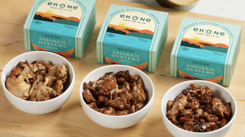 Ekone smoked oysters boxes, plus some in bowls