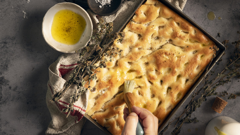 Dimpled focaccia on a table