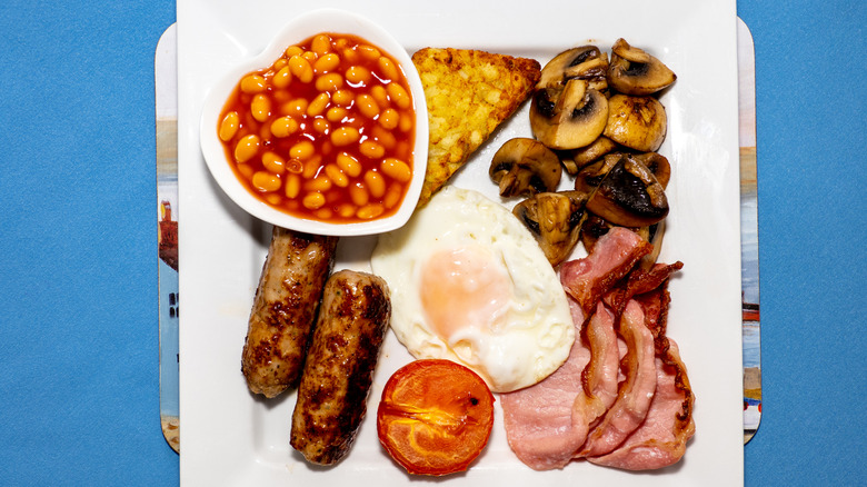 Full English breakfast on square plate