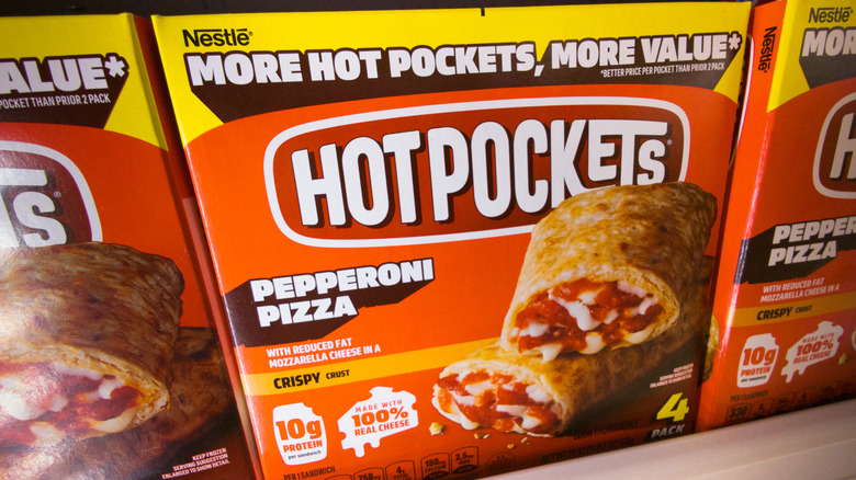 boxes of Hot Pockets on a grocery store shelf