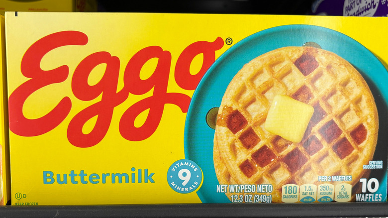 yellow box of Kellogg's Eggos showing a waffle on the front