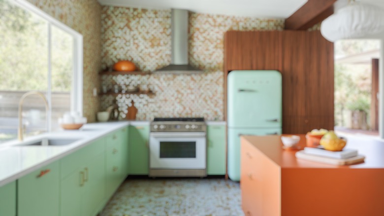 Mid-century modern blue kitchen out of focus