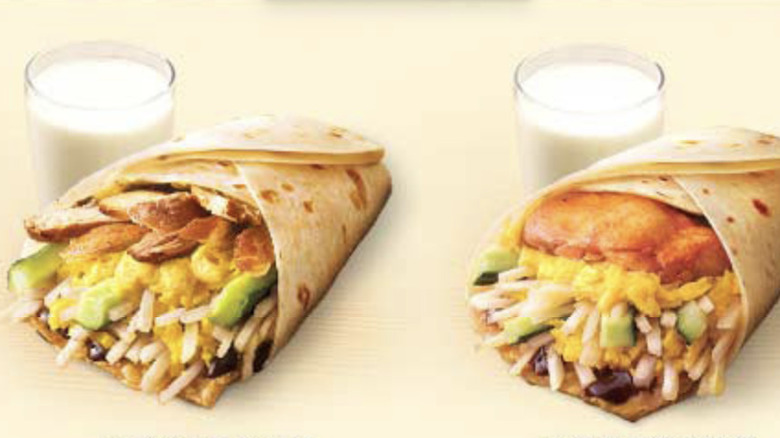 Two breakfast wraps with glasses of soy milk at KFC China