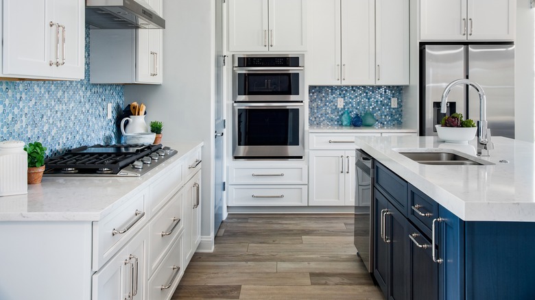 blue island in a white kitchen