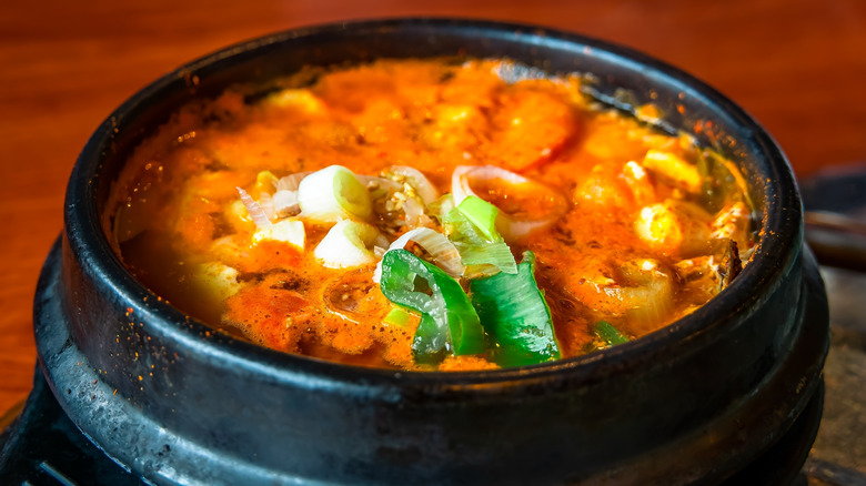 A bubbling pot of Soondubu jjigae