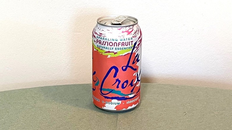 Passionfruit La Croix in a can on a table