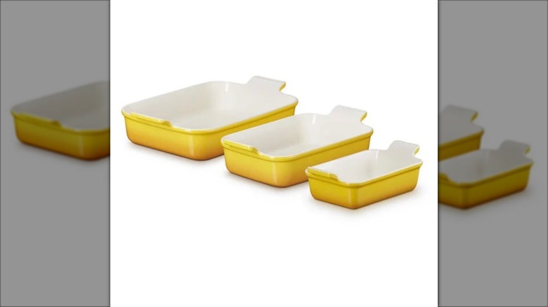 A three-piece baking dish set in a mustard hue