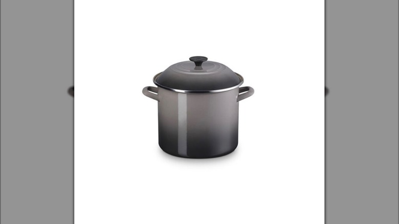 A tall dark gray Stockpot with Phenolic Knob and handles on both sides, shown against a white background