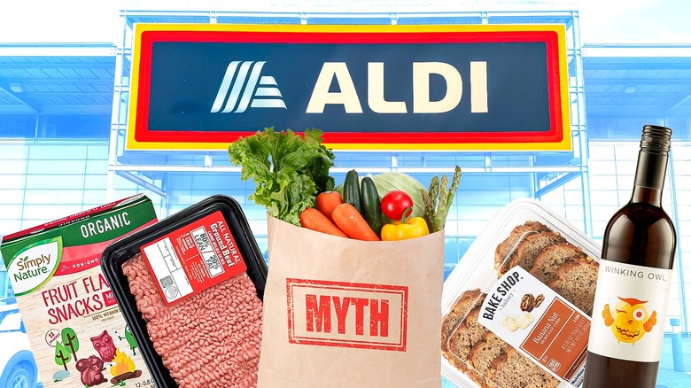 Aldi products with sign and myth bag