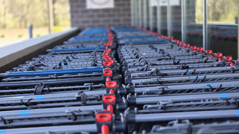 Aldi carts waiting in front of a store