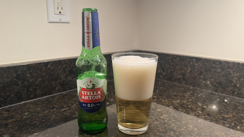 Stella Artois 0.0 beer on countertop