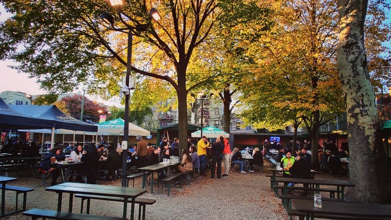 The beer garden at Bohemian Hall in Astoria, New York on a fall day
