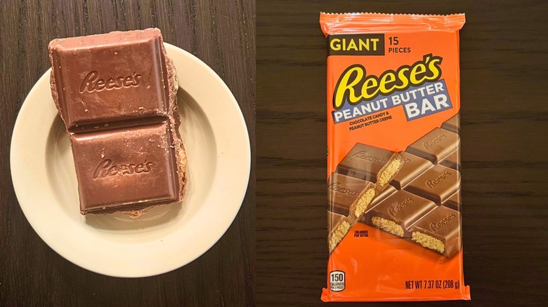 A packaged Reese's Peanut Butter Bar next to two squares of the bar