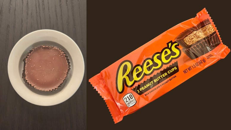 A plate with a Reese's Cup on it, with the package behind it