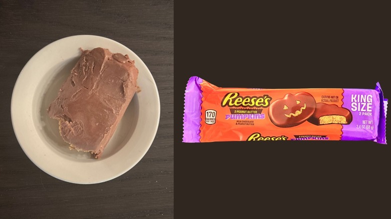 A Reese's Pumpkins package next to a slightly melted, unwrapped Pumpkins candy