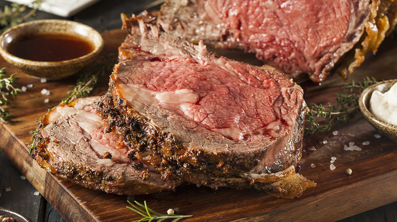 Slices of prime rib on a cutting board at Clyde's Prime Rib