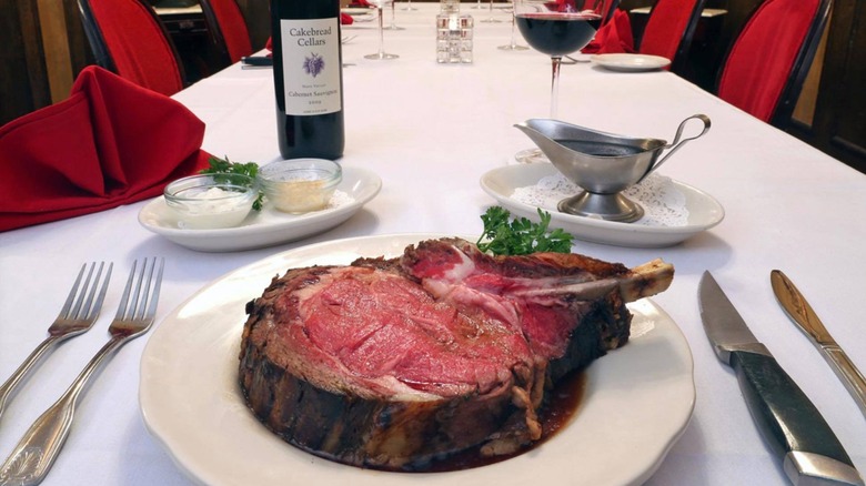 A slice of prime rib on a plate at Golden Steer Steakhouse