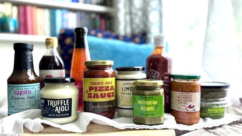 Trader Joe's sauces lined up on windowsill