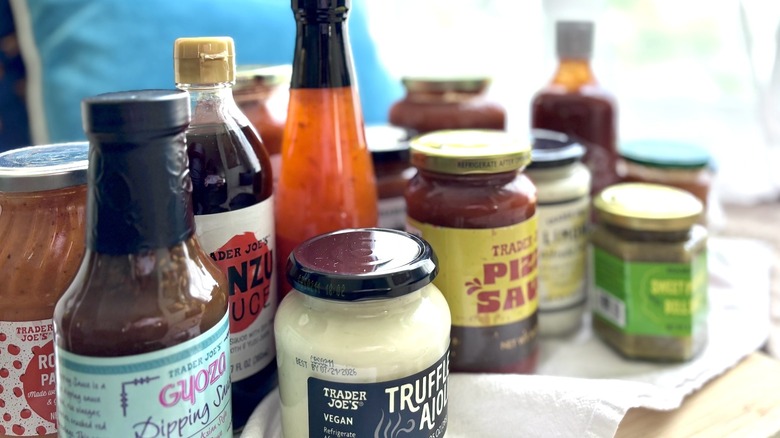 Trader Joe's sauces arranged on windowsill
