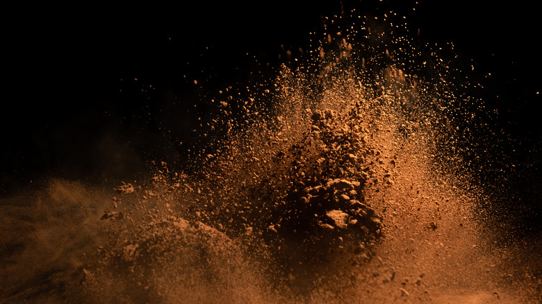 Loose cocoa powder on black background