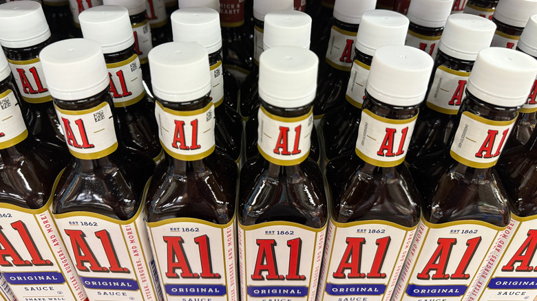 A1 steak sauce bottles in a group