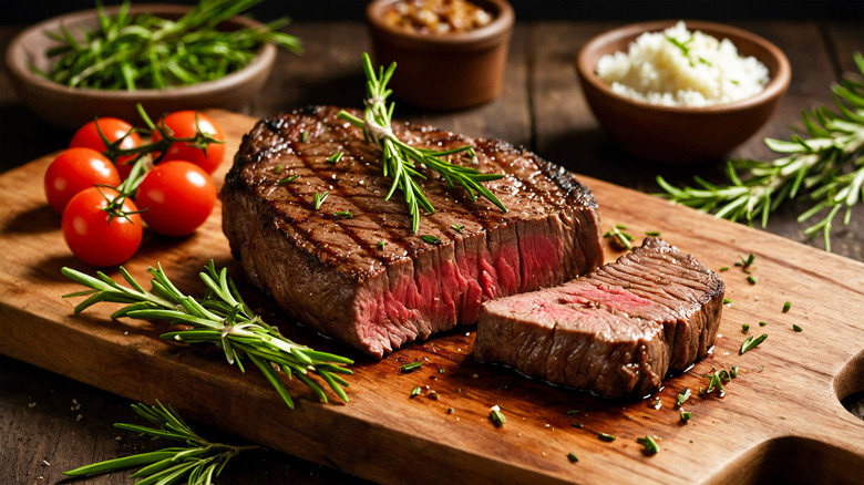 Sliced steak on cutting board