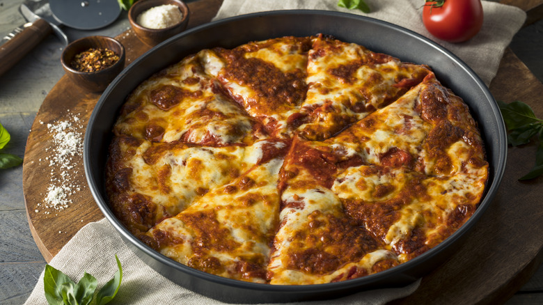 Cheese pan pizza in a skillet