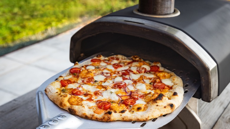 Outdoor pizza oven with pizza
