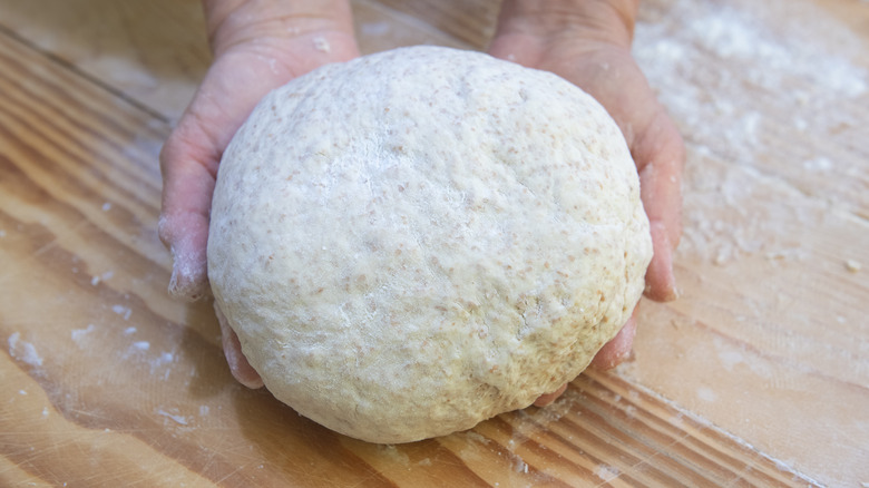 Hands holding blob of pizza dough