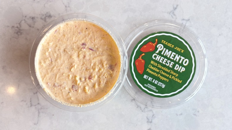 An open container of Trader Joe's Pimento Cheese Dip