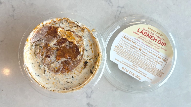An open container of Trader Joe's Roasted Tomato Labneh Dip