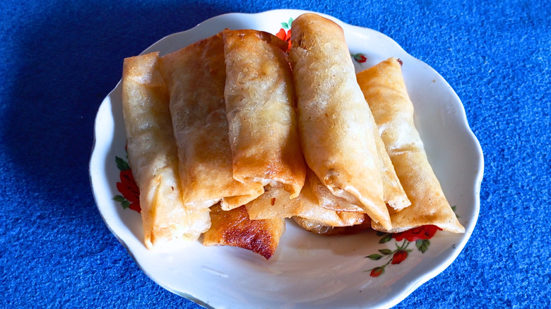Close up plate of lumpia spring rolls