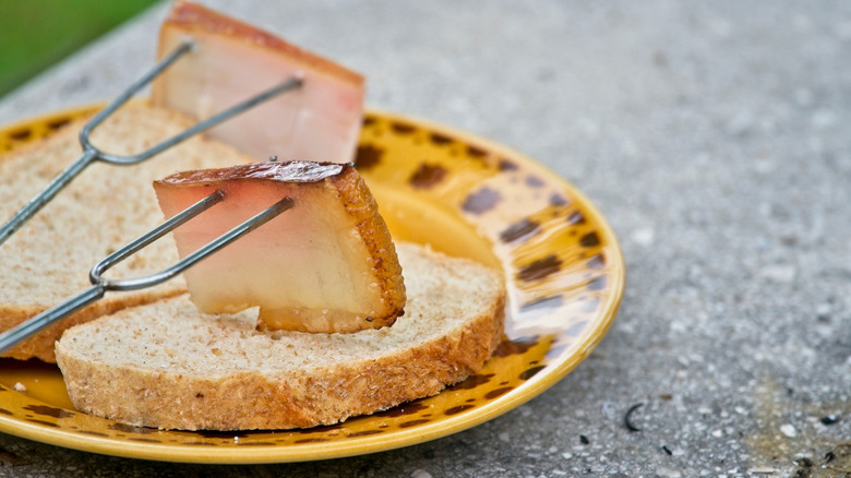 Hungarian bacon (szalonna) before a traditional bacon fry
