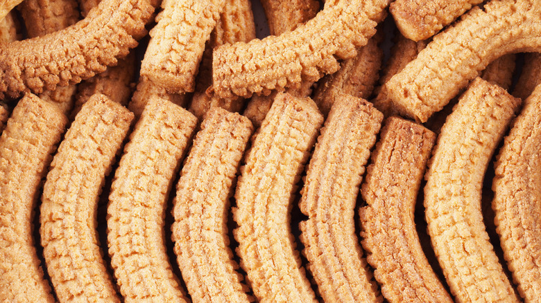 Two rows of Krumiri cookies stacked on top of each other