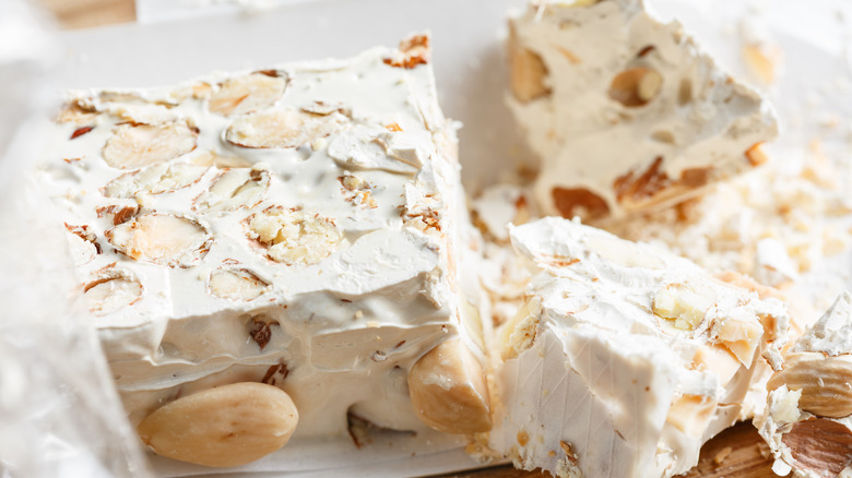 A crumbled block of torrone sardo
