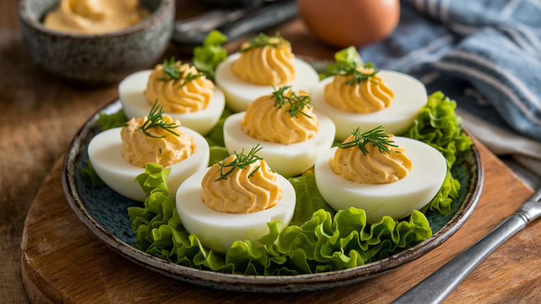 Deviled eggs with dill on a bed of lettuce