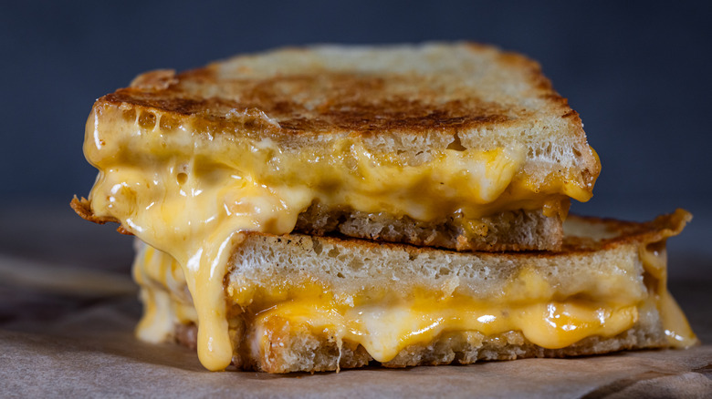 Side view of halved, gooey grilled cheese sandwich