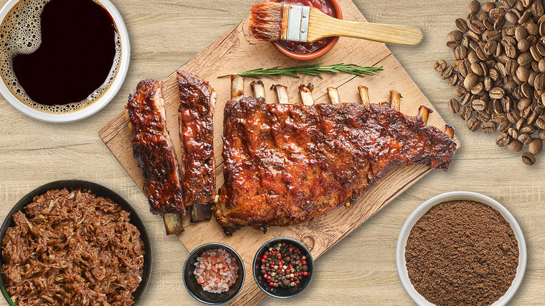 barbecued ribs surrounded by types of coffee