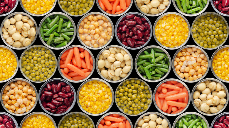 Overhead view of various canned foods that have been opened