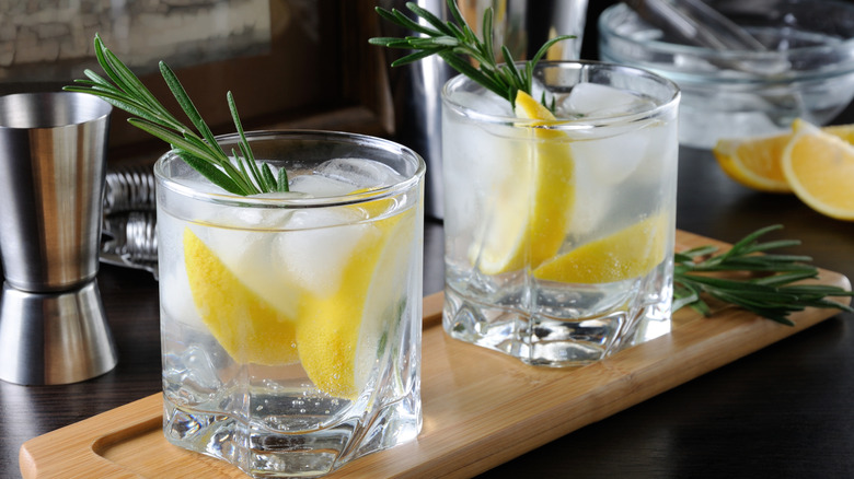 Two rocks glasses filled with white port and tonic