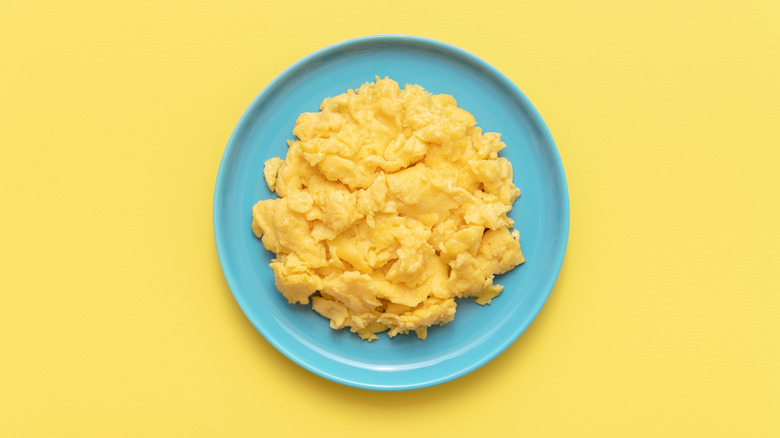 Blue plate of scrambled eggs on yellow background