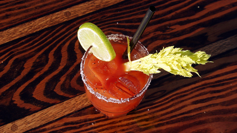 Bloody mary cocktail with garnish on a table