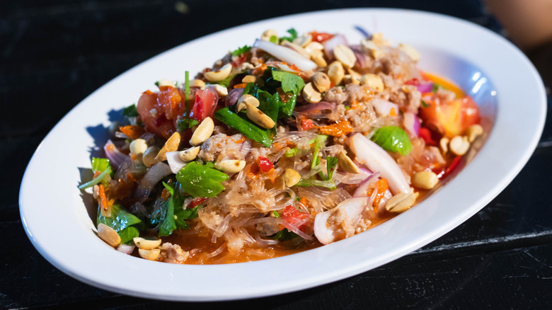 A plate of yum woon sen, a spicy Thai glass noodle salad